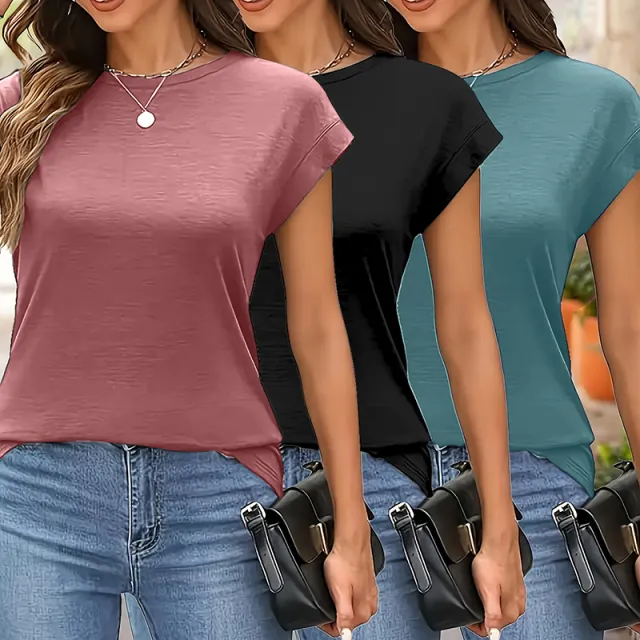 Women's 3 Pack Round Neck Solid Color Short Sleeve T Shirts Basic Casual Summer Tops Rosered Black Blue - Shop at LoveMi