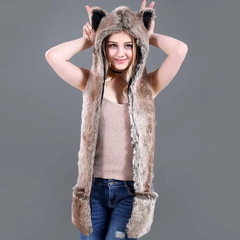 Faux Fur Straw Cartoon Animal Hat Scarf Gloves One - Grey Red