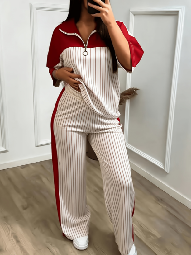 Color-block Stand-collar Short-sleeve Wide-leg Pants Two-piece Set