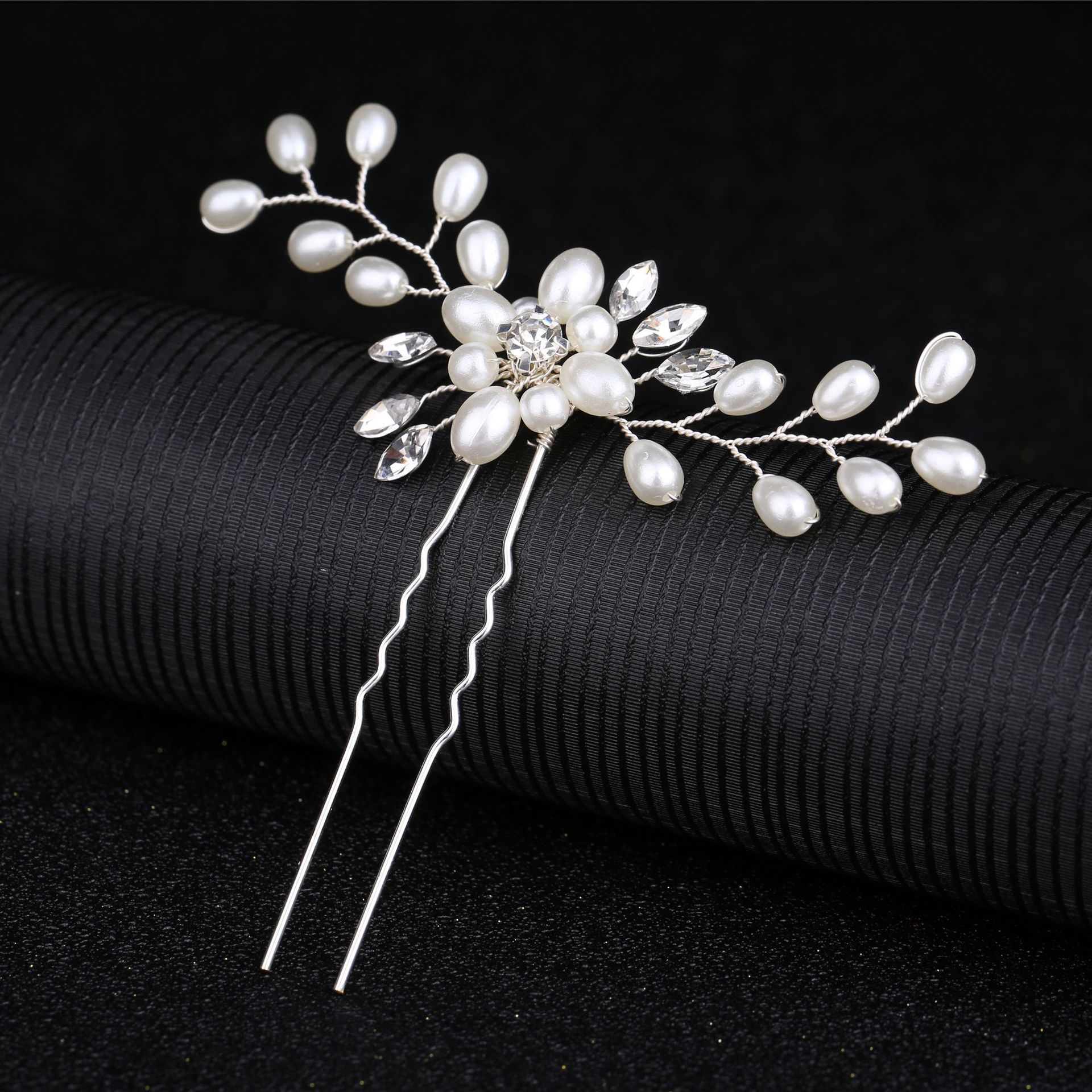 Korean Bride Handmade Pearl Crystal Hairpin Pin U shaped Clip Copper Wire All Silver - Shop at LoveMi