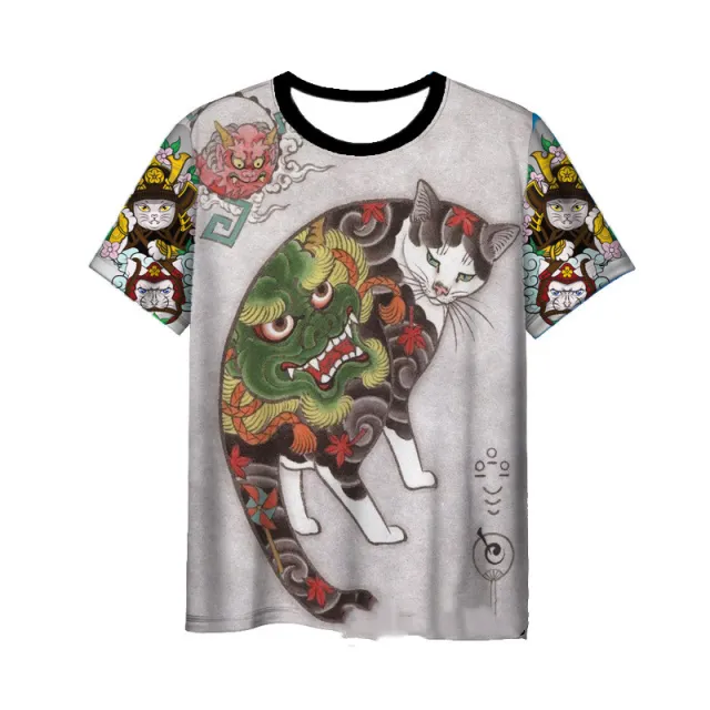 Japanese Samurai Cat 3D Digital Printing Men's Round Neck Short Sleeve 9Style - Shop at LoveMi