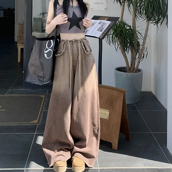 Straight High Waisted Drawstring Wide Leg Pants Gradient - Shop at LoveMi