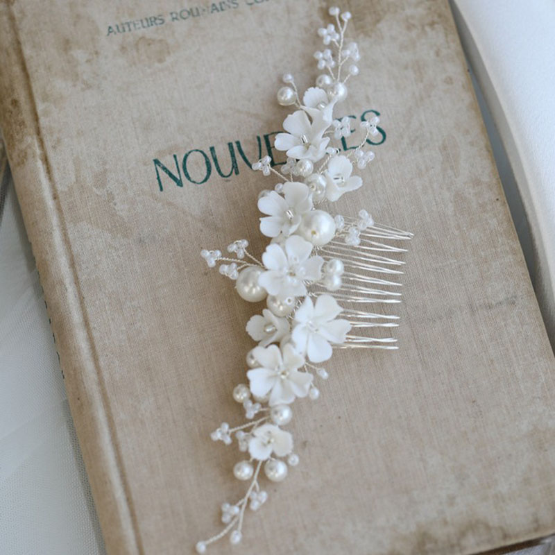 White Ceramic Flower Bridal Hair Comb Shell