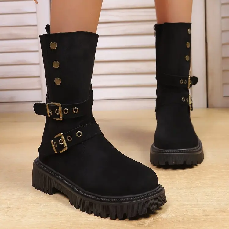 Women Retro Suede Mid Calf Boots Double