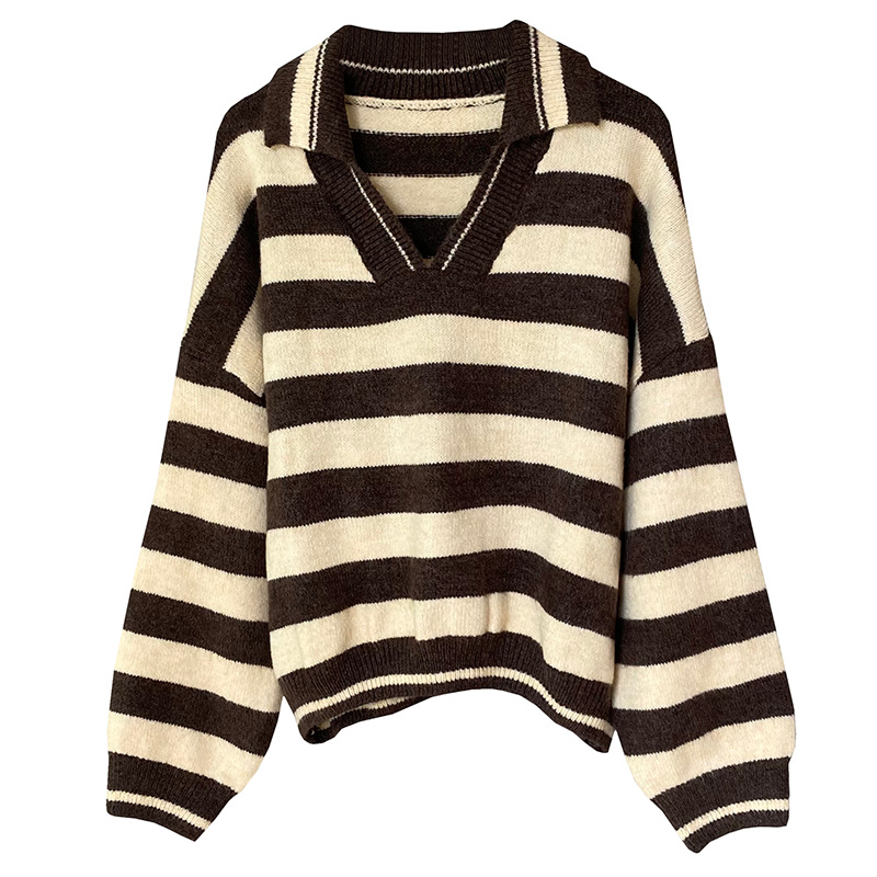 Lazy Style Striped Lapel Sweater Women