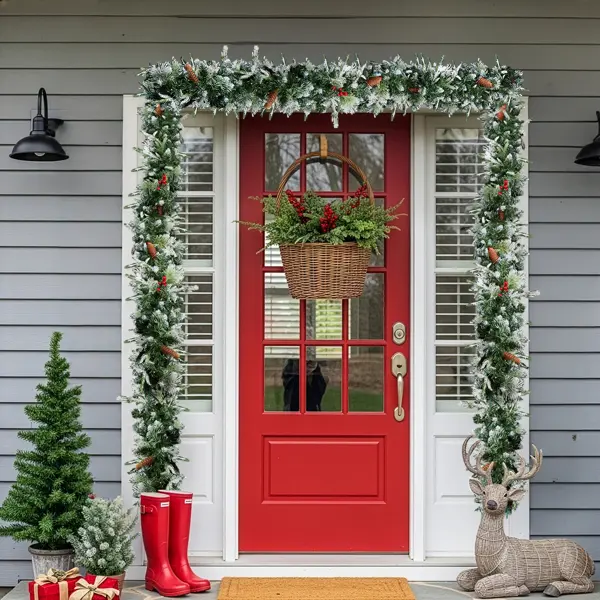 2 Pack 9FT Pre-lit Snow Flocked Christmas Garland, Lighted Artificial Xmas Garland With 200 Warm Lights And 440 Tips And Red Berries, For Front Door Gate Wall X