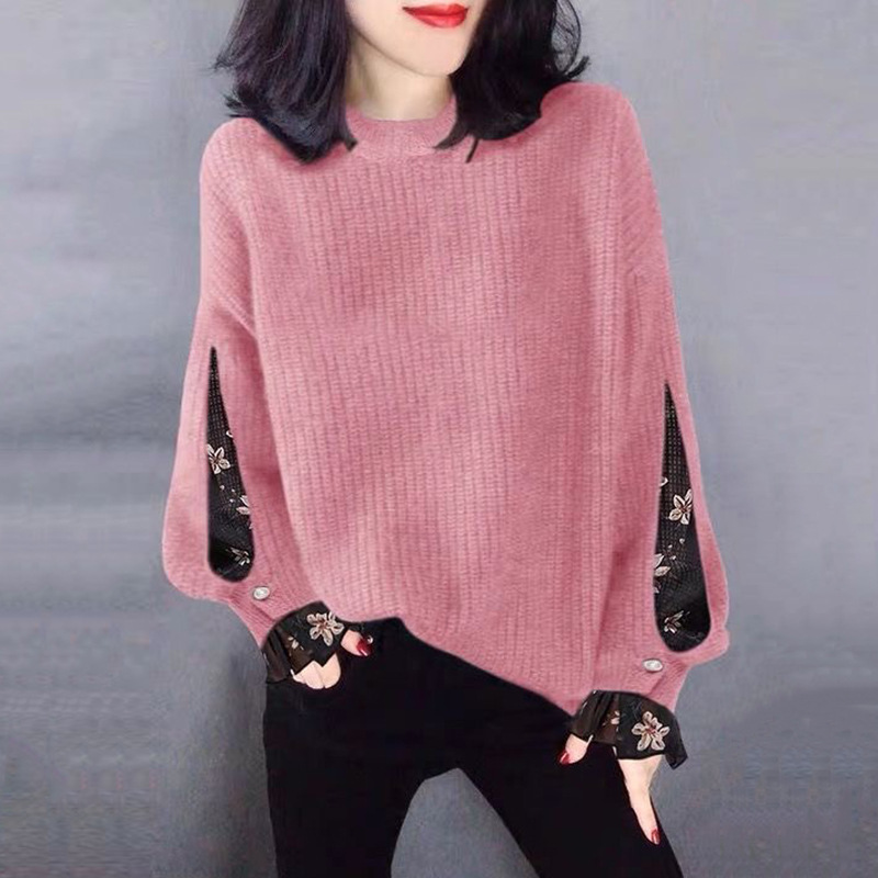 Women's Round Neck Long Sleeve Knitted Chiffon Stitching Pullover Sweater