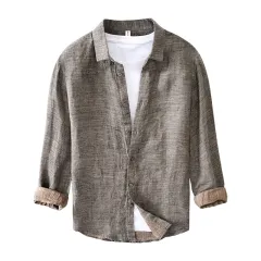 Pure Linen Shirt Men's Long Sleeve Shirt - Grey - View 1