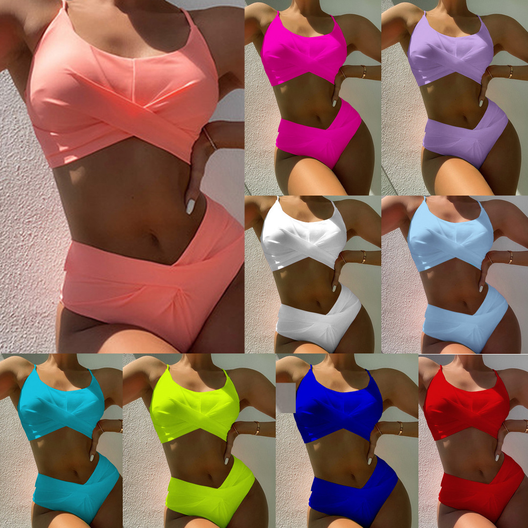 Women's Nylon Solid Color High Waist Cross Split Swimsuit Bikini - Image 7