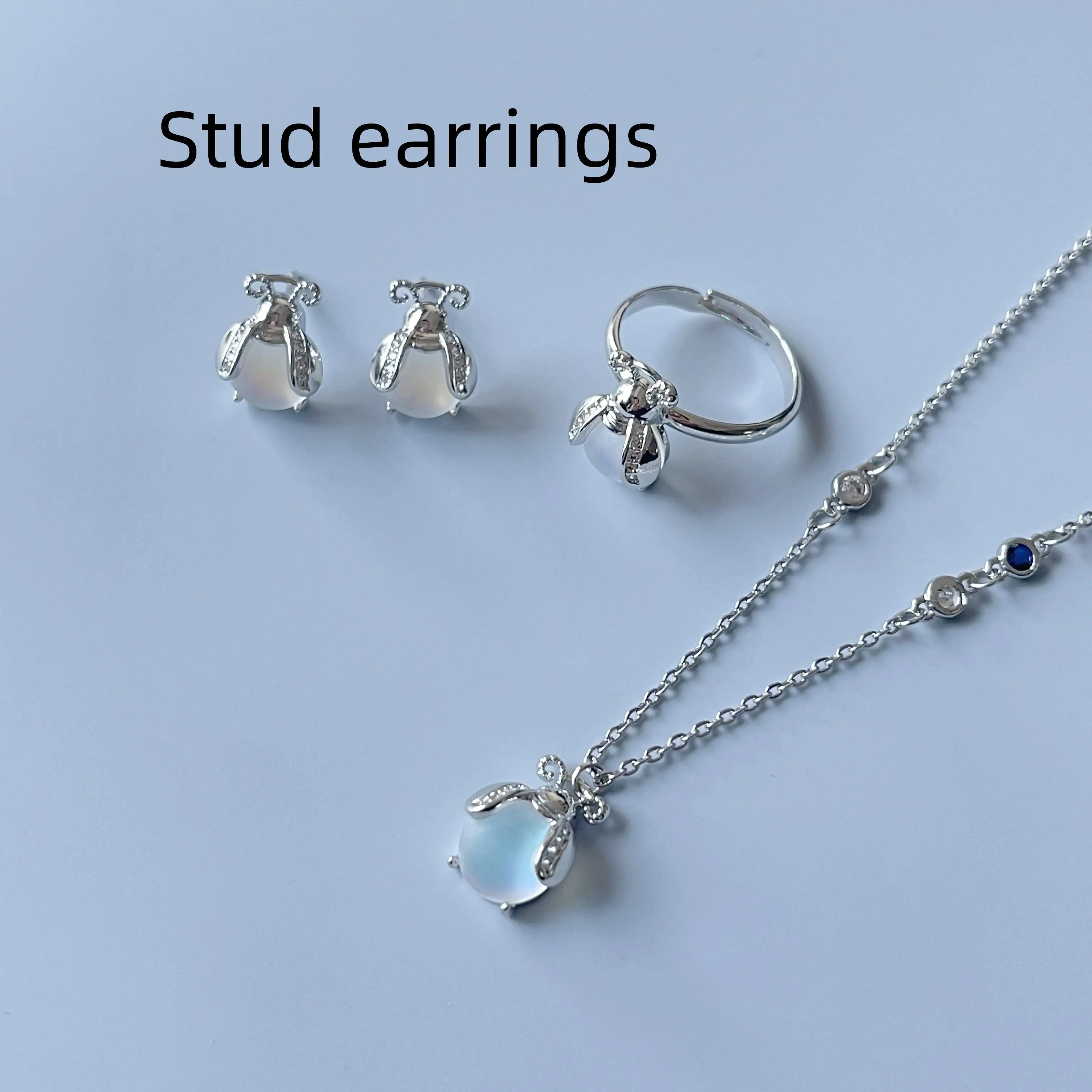 Glowworm Moonstone Necklace Earrings Ring