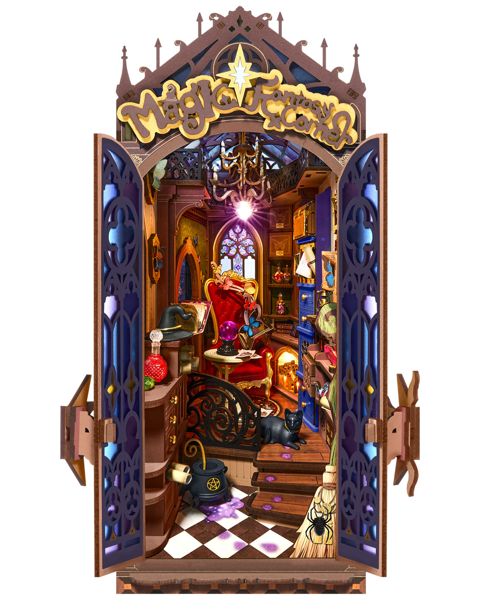 Rolife Magical Fantasy Corner Bookend DIY Set - 3D Wooden Miniature House, 3D Puzzle With Interactive LED Lights, 185 Pieces, Teen & Adult Bookshelf Decoration Gift