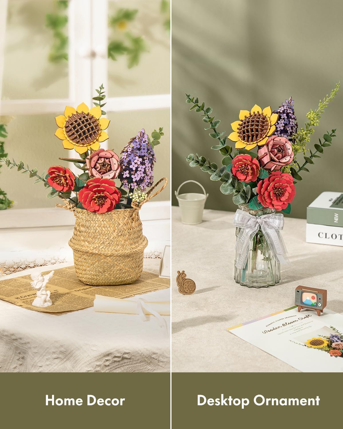 ROBOTIME Flowers 3D Wooden Puzzle Model Kits For Adults To Build, Artificial Flowers For Decoration, Home Decor Accessories Living Room, Gifts For Women On Valentine's Day, Flower Bouquet TW01H