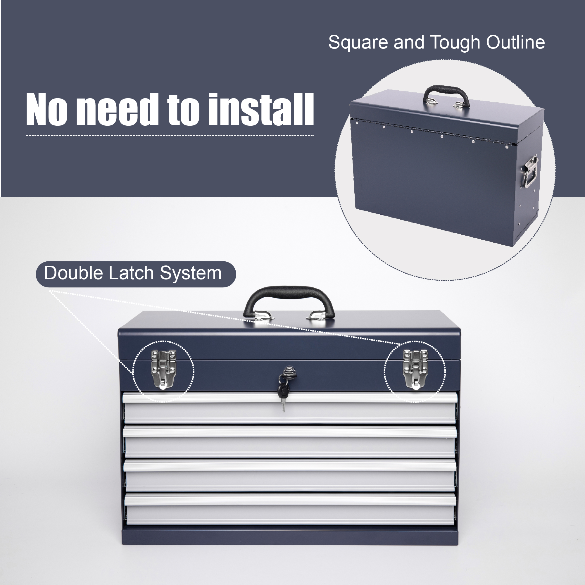 Heavy Duty Metal Tool Box, 21-inch, Portable Metal Tool Box With 4 Drawers, Small Tool Chest With EVA Liners, Ball Bearing Slide Drawers Locking & Powder Coated Finish, Multi-Function Tool Organizer
