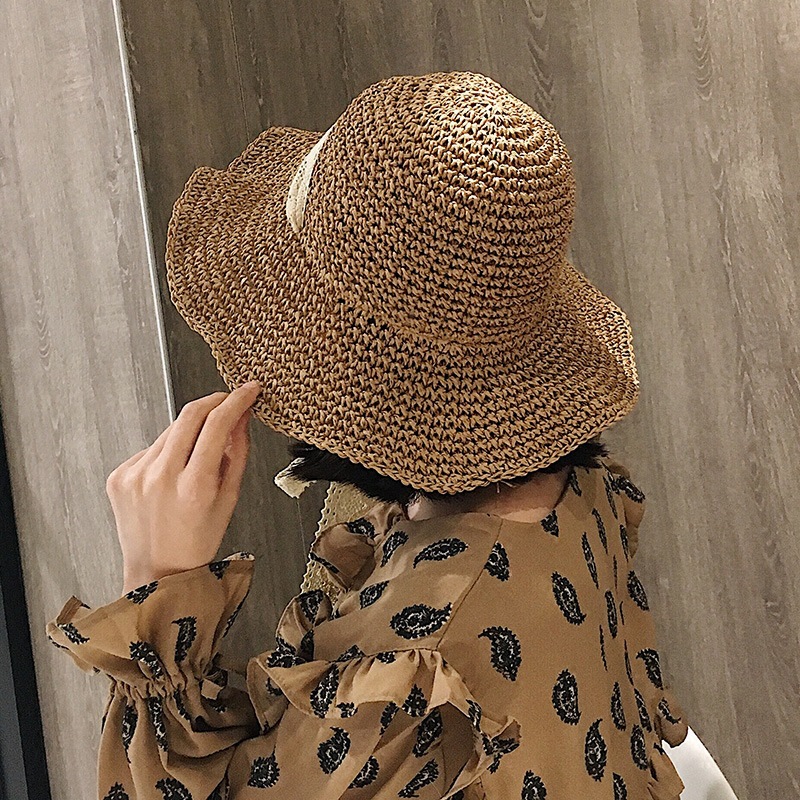 Korean Style Foldable Handmade Straw Hat Summer Lace Strap