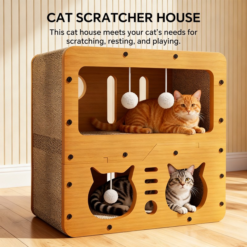 45cm Double Layer Double Cat Head Cat Scratcher Sofa, With 4 Teaser Balls, Wood -Corrugated Scratcher, Cat Claw Care & Resting Toy