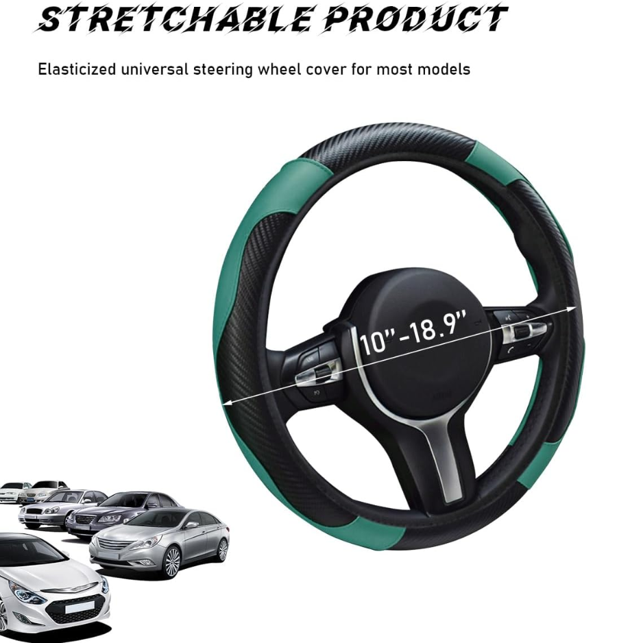 Car Steering Wheel Cover, 15 Inch Leather Breathable Auto Steering Wheel Protector, Comfortable Non-Slip Vehicle Steering Wheel Covers, Universal Car Accessories Dark Green, With L