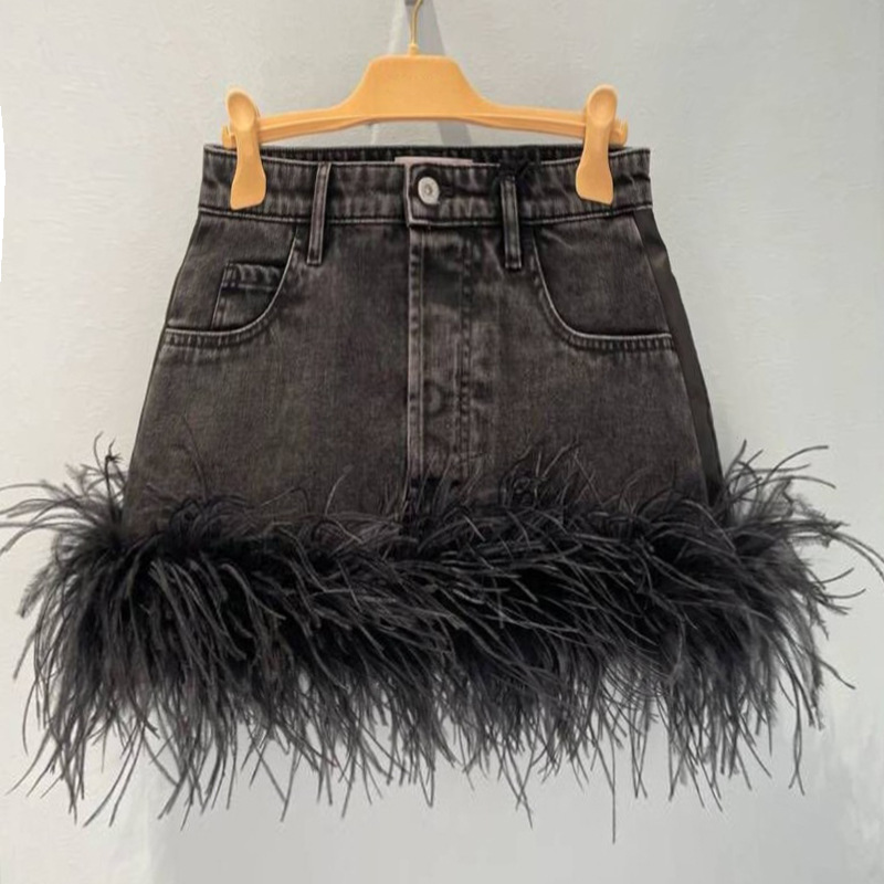 Ostrich Hair Black Denim Patchwork Skirt