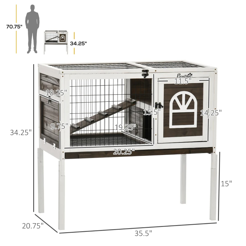 PawHut Wood Rabbit Hutch, Elevated Guinea Pig Cage With Run, Coffee