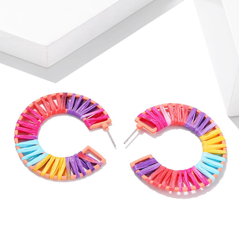 European And American Hand-woven Segment Dyed Color Raffia Earrings