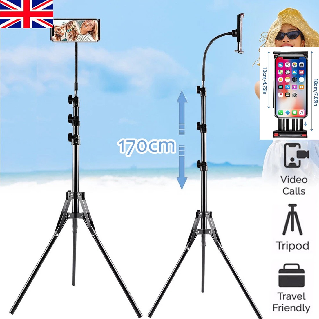 170CM Tall Flexible Phone Tripod With Gooseneck Heavy Duty