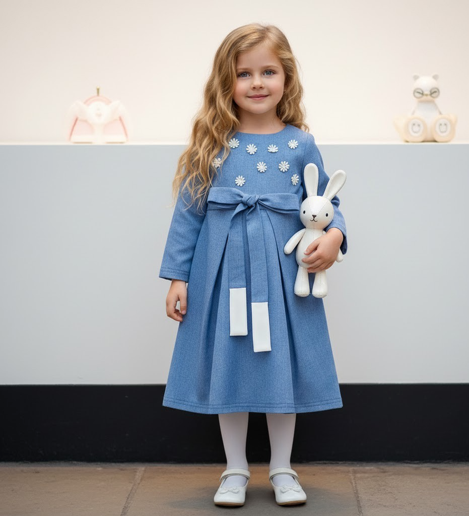 Girls Vintage Long Skirt Cotton Lining Princess Blue Cotton Party Dress
