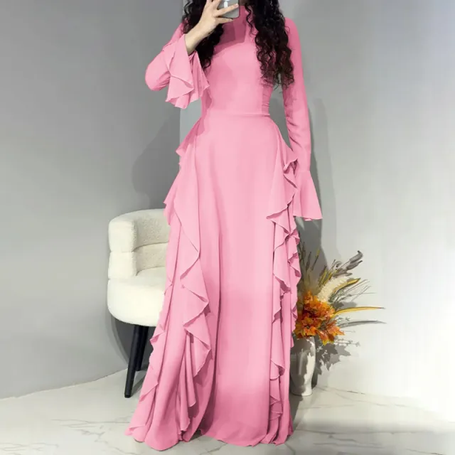 Women's Elegant Ruffles Dress, Slim Fit High Waist Bell Sleeve Wedding Guest Cocktail Tea Party Dresses Pink - Shop at LoveMi