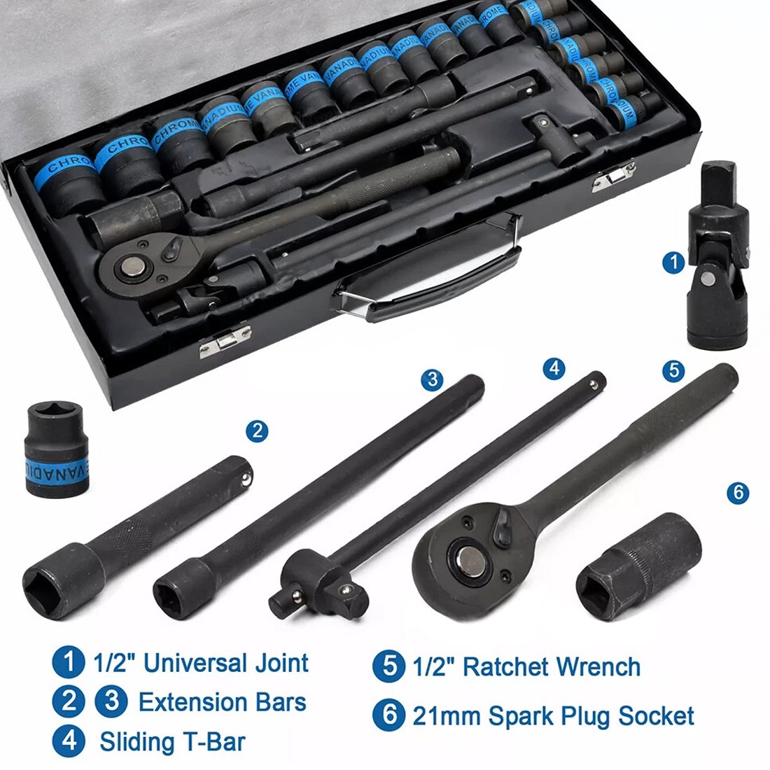 Heavy Duty 1-2 Ratchet Wrench Socket Set 8-32mm Metric Extension Bar Metal Case — image 6