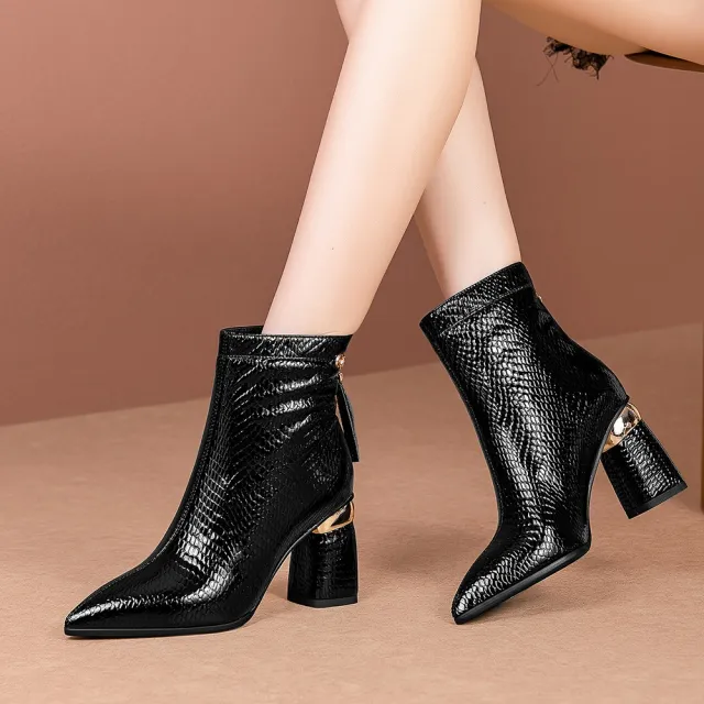 Autumn And Winter Pointed Toe Leather Ankle Boots Women's Thick Heel Zipper High Heels Black - Shop at LoveMi