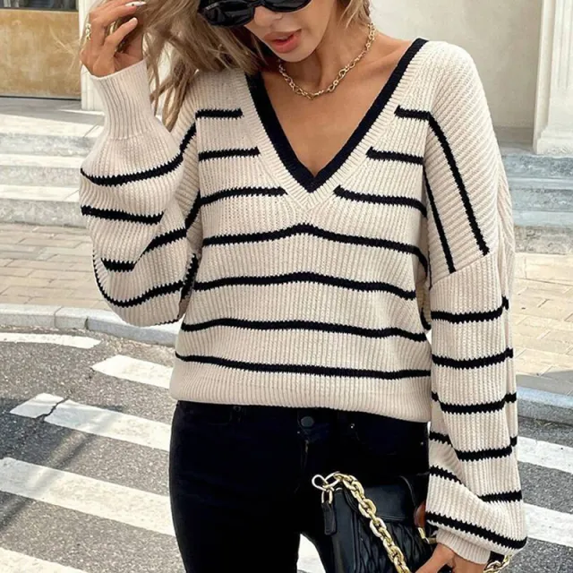 Women's Elegant Striped V Neck Sweater, Back Tie Bow Detail Loose Fit Pullover For Spring And Fall Apricot - Shop at LoveMi