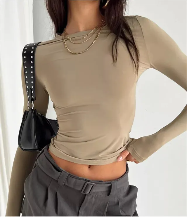 European And American Women's Casual Long Sleeve T shirt Khaki - Shop at LoveMi