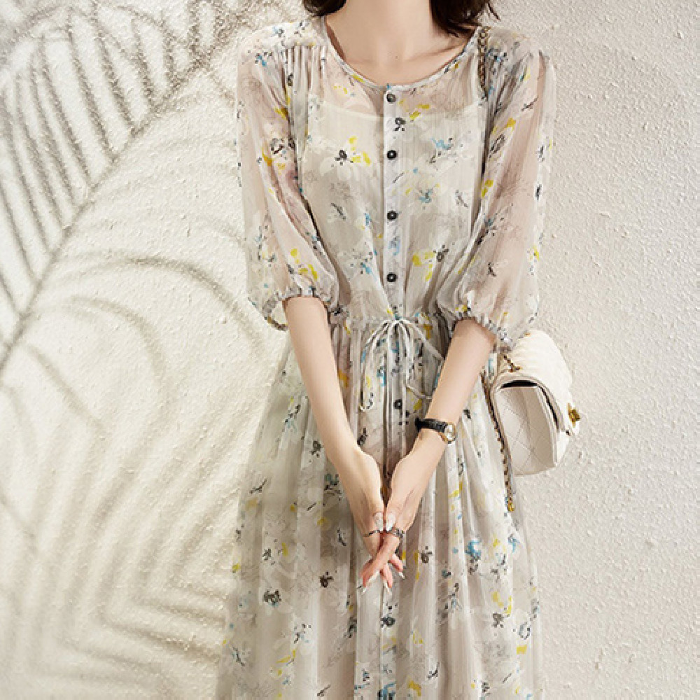 Fragmented Floral Long Skirt French Short Sleeved