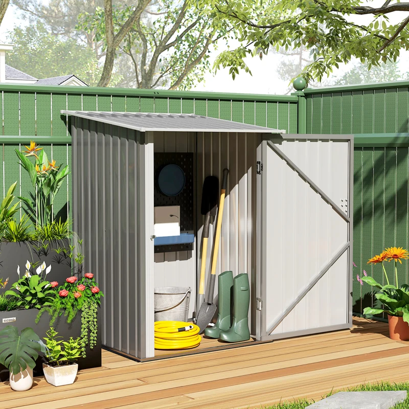 Lean-to Garden Storage Shed, Galvanized Steel Tool House With Lockable Door For Patio, Gray