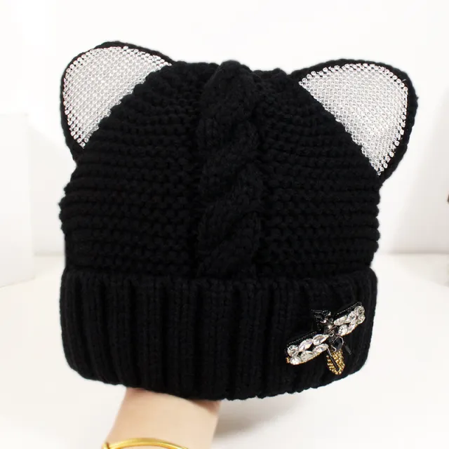 Rhinestone Cat Ear Knit Hat Black - Shop at LoveMi