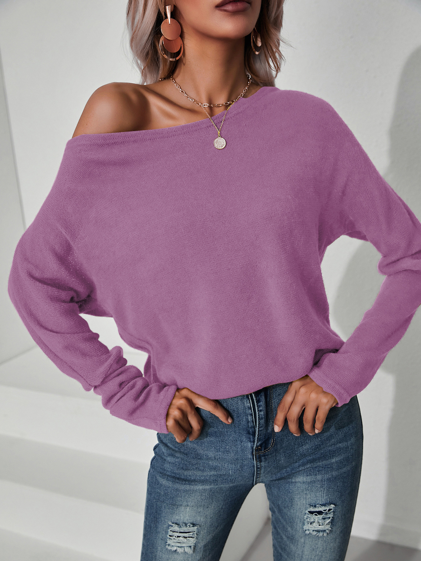 Title 1, Street Solid Color Knitted Oblique Shoulder Top...