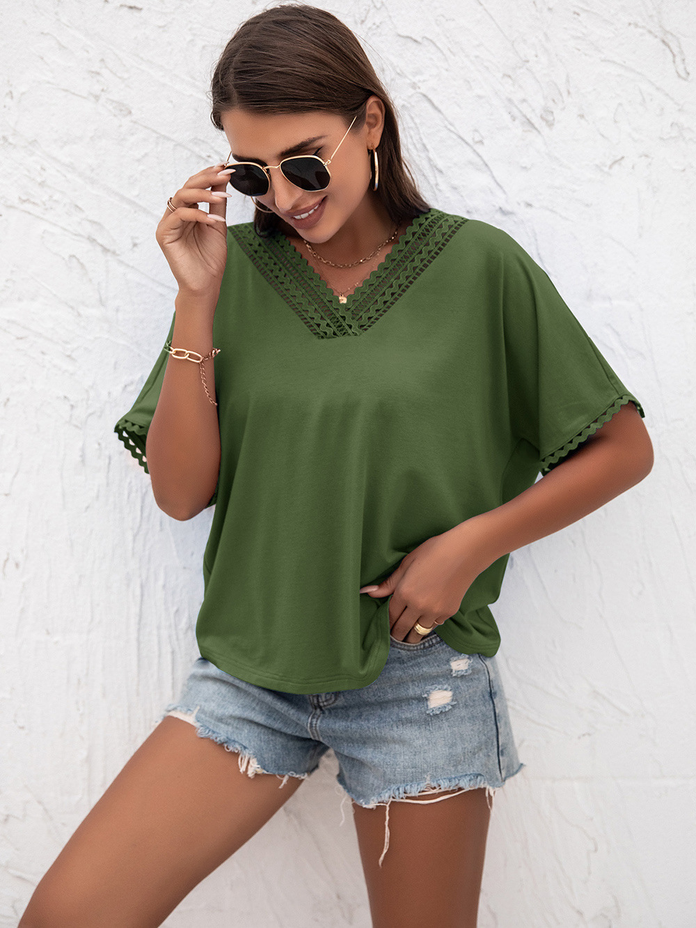 Title 9, Cutout Panel V-Neck Loose Knit Sweater Short Sl...