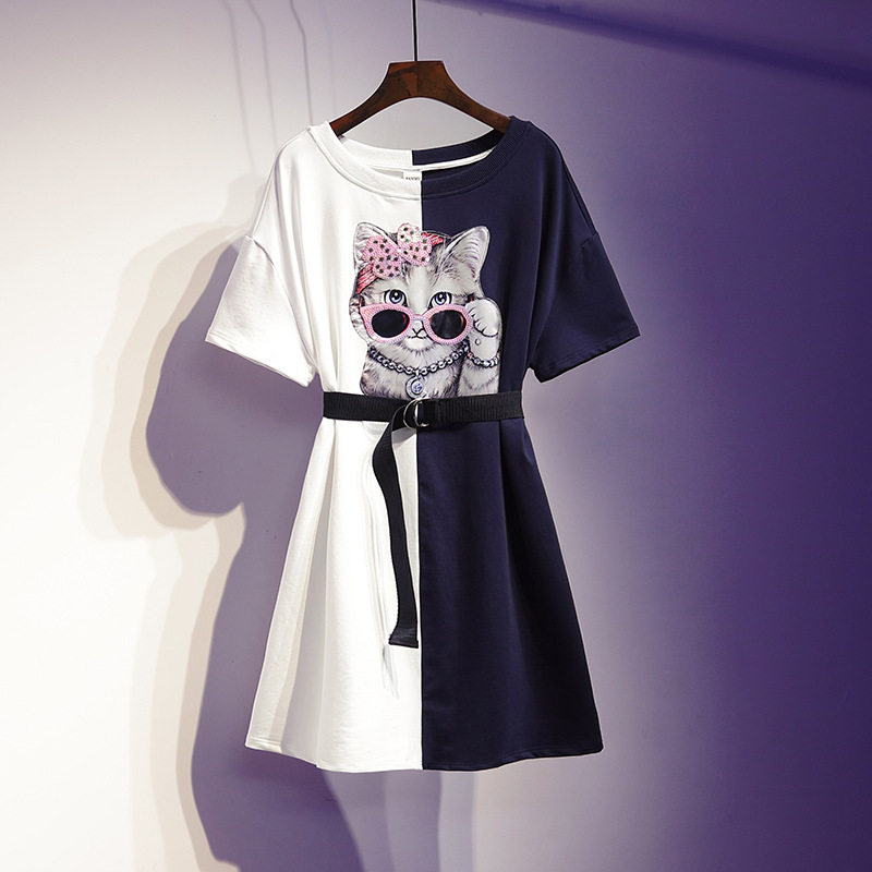 New Style Fat Mm Western Fashion Color Matching Skirt Sequins Age Reducing Belly Dress