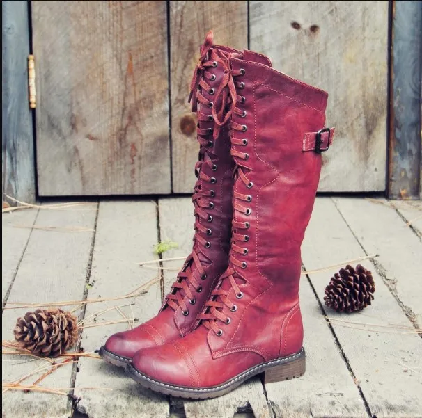 Fashion Cross Strap Knight Boots Women - Red