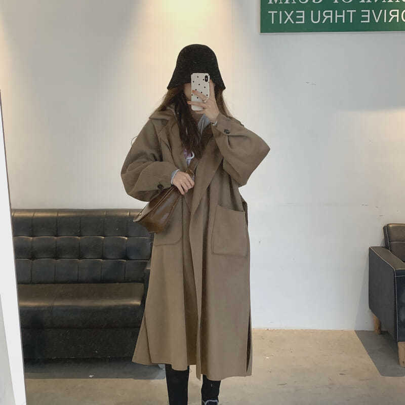 Loose Lapel Large Pockets Over The Knee Woolen Coat Women Trendy