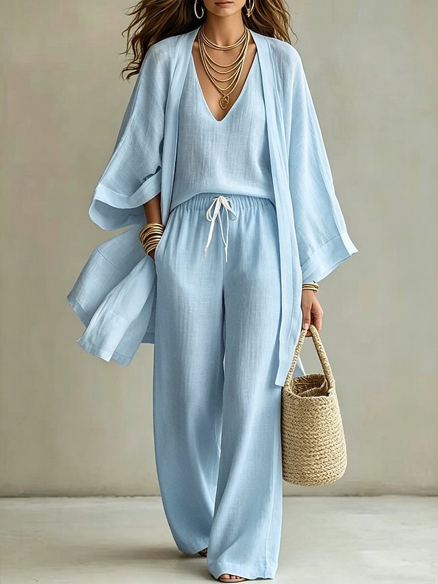 Women's Casual 3 Piece Outfit V-Neck Cami Top Open Front Cardigan And Drawstring Wide Leg Pants Set For Summer 5