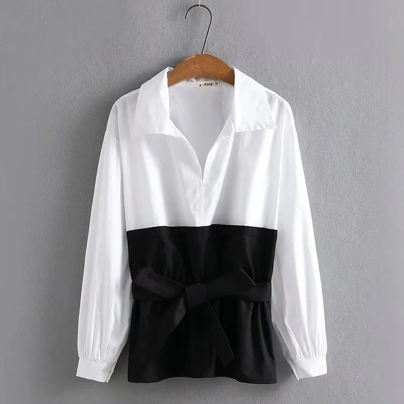 Fashion Plus Size Women's Loose And Western Style Color Matching Shirt - Black