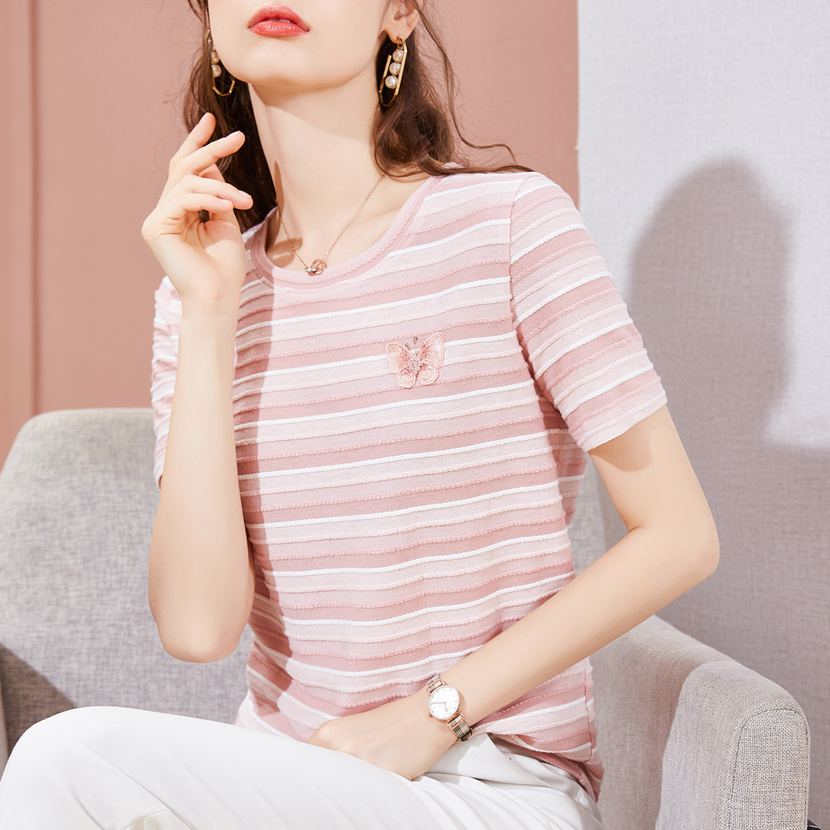 Title 3, Striped T-shirt Round Neck Butterfly Embroidere...