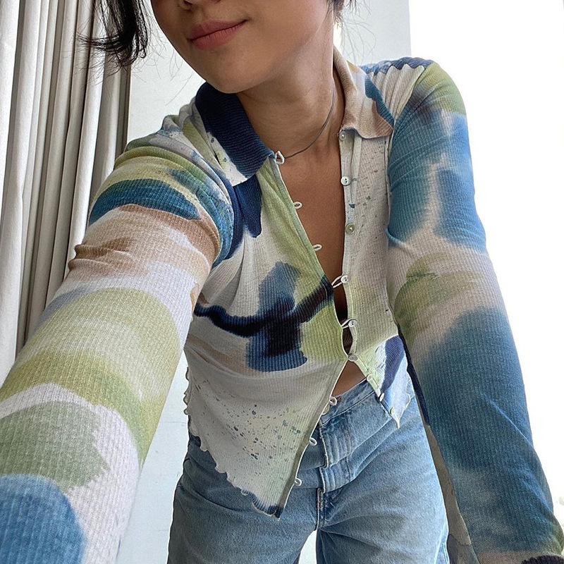 Tie-dye Printed Lapel Small Cardigan Slim Long-sleeved T-shirt