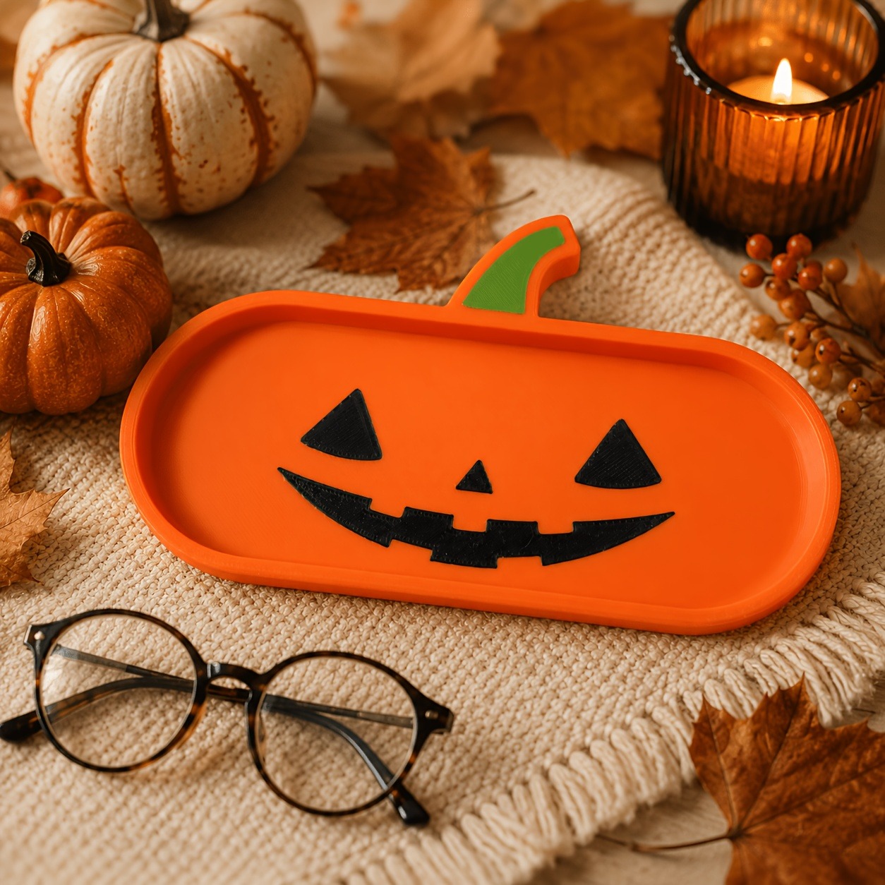 Halloween Pumpkin Eyeglasses Holder Tray, 3D Printed Jack O Lantern Glasses Organizer, Spooky Desk Decor, Entryway Storage Tray