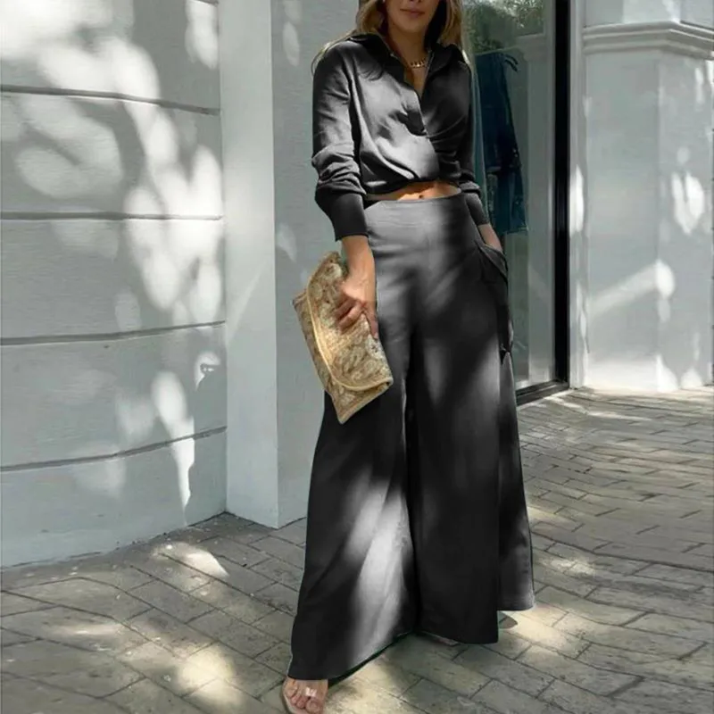Women's Plus Size Elegant Pant Set - Crisscross Detail Top & Wide Leg Pants With Pockets Office & Casual Outfit - Black