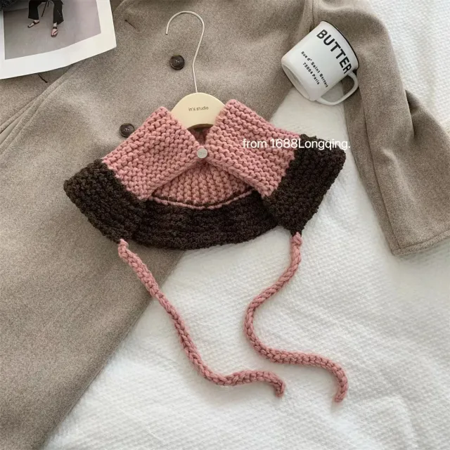 Cute Tethered Color Contrast Knit Hat Pink Coffee - Shop at LoveMi