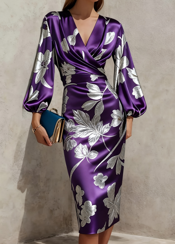 Women's Retro Floral V-Neck Puff Sleeve Slim Fit Dress