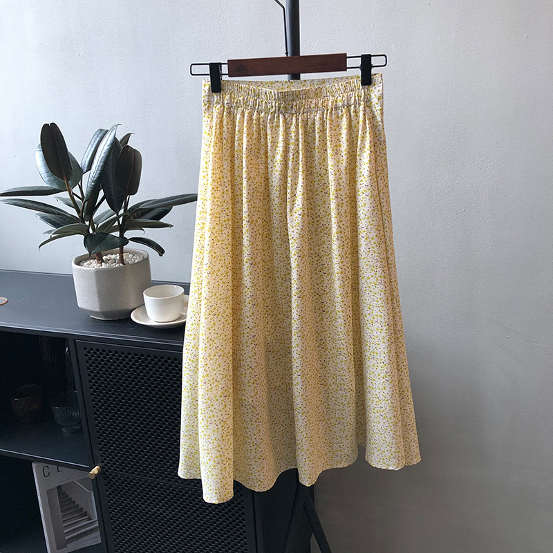 Fashion Retro Gentle Floral Skirt High Waist Mid Length Yellow - Shop at LoveMi