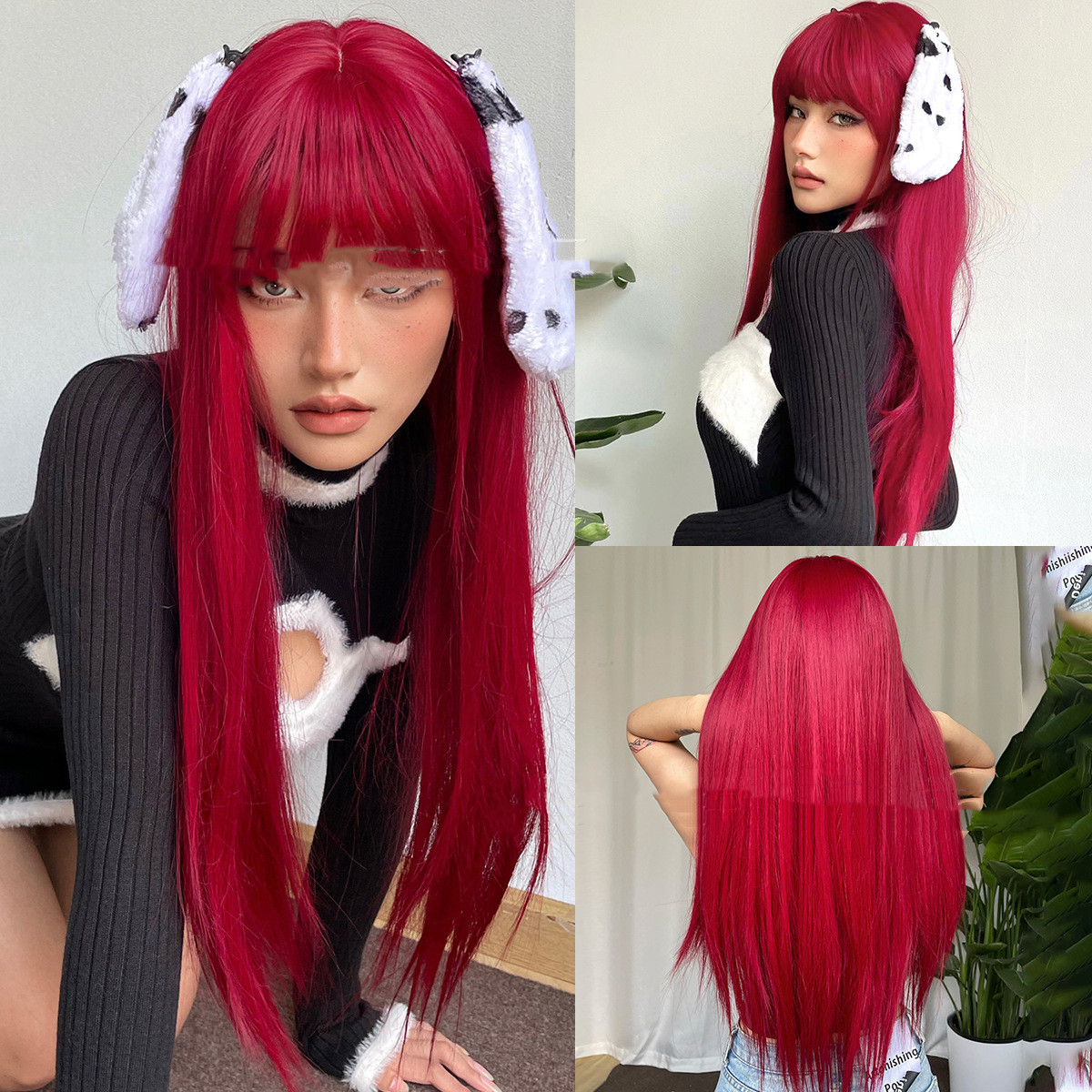 Title 5, Red Bangs Long Straight Hair Wig Festival High ...