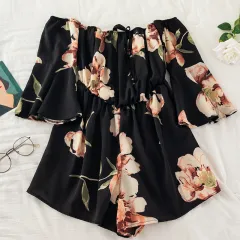 Off-the-shoulder Tie-flare-sleeve Floral-print Jumpsuit - Black - View 1