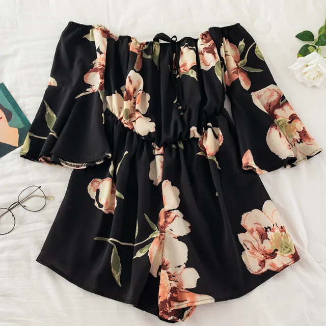 Off the shoulder Tie flare sleeve Floral print Jumpsuit Black - Shop at LoveMi